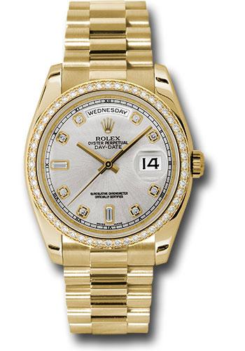 Rolex Yellow Gold Day-Date 36 Watch - Bezel - Silver Diamond Dial - President Bracelet - 118348 sdp