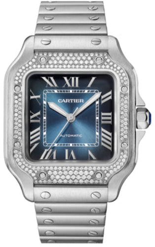 Cartier Santos De Cartier Medium Automatic Steel Diamonds Interchangeable Metal Leather Bracelets - W4SA0006