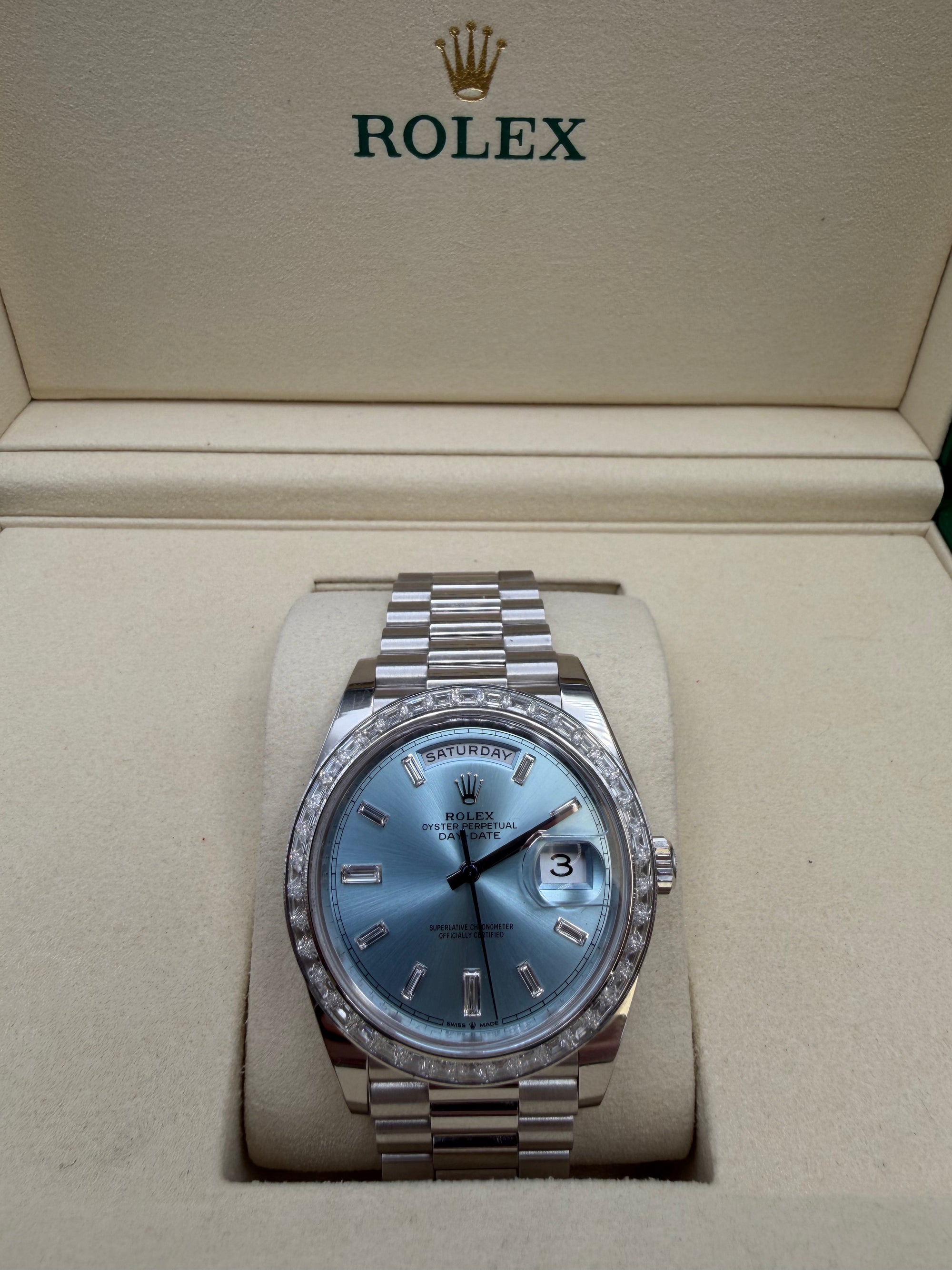 Rolex Day-Date 40 Platinum Ice Blue Dial Baguette Diamond Bezel and Markers 228396TBR