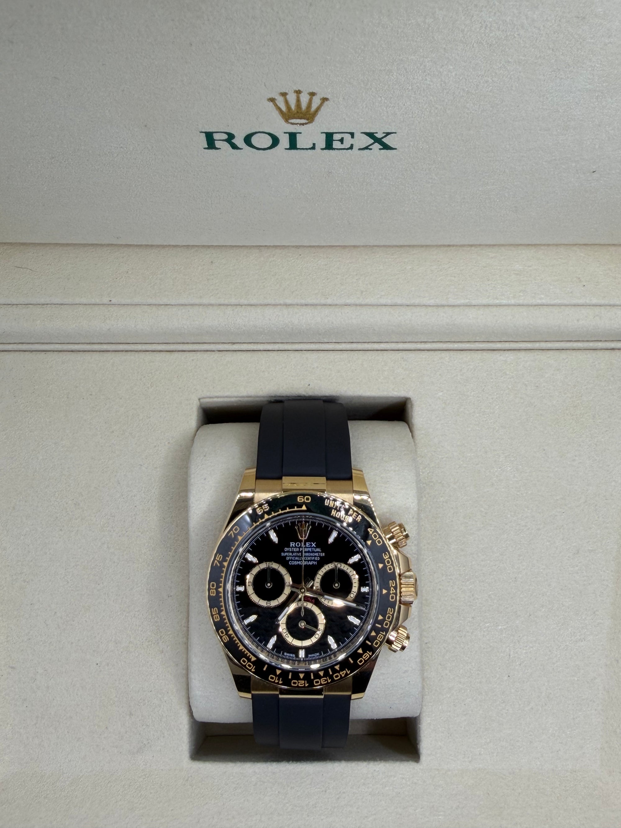 Pre-Owned 2025 Rolex Yellow Gold Cosmograph Daytona Watch - Black Cerachrom Bezel - Black Index Dial - Oysterflex Strap - 126518ln